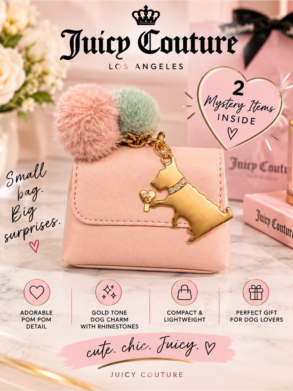 Juicy Couture KPink Pom Pom Mini Bag Charm with 2 mystery items inside